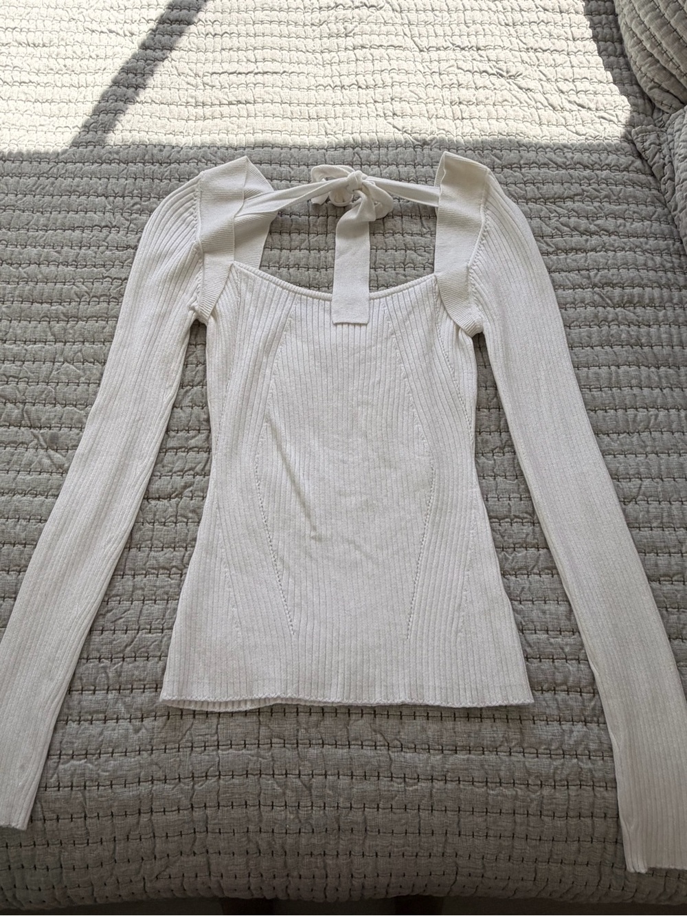 Lovers + Friends Ribbed Long-Sleeve Tie-Back Top - Cream